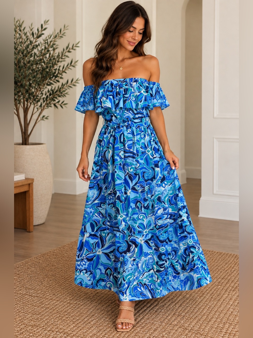 Donna Morgan Size 14 Blue Floral Off Shoulder Ruffle Maxi Dress Resort Boho